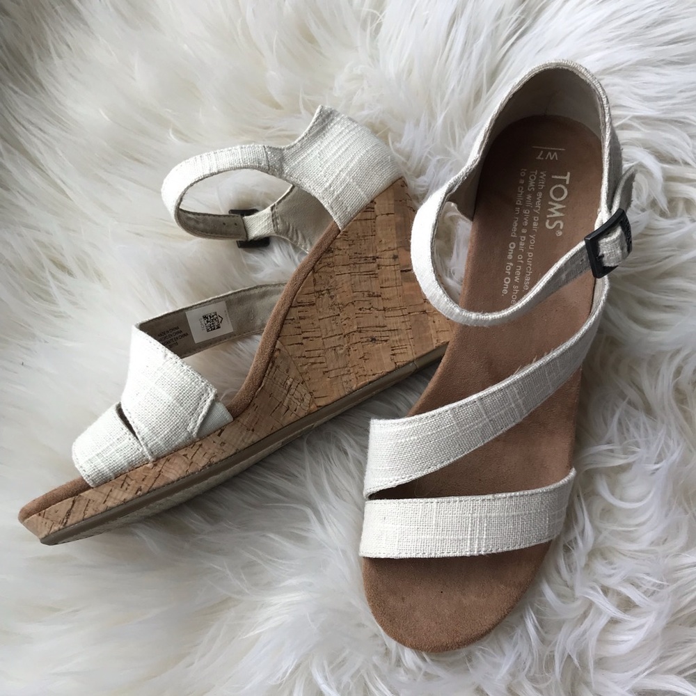 Toms Classic Linen Clarissa Cork Wedges Size 7